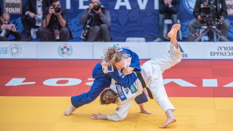Israeli judoka Shira Rishony, left, bested a Ukrainian opponent for the gold medal in the under-48 kilo women’s category of the IJF Grand Prix in Tel Aviv, January 24-26, 2019. Photo by Yahav Gamliel/Flash90