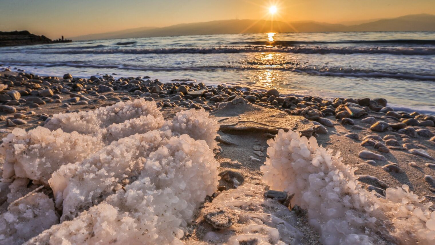 View of dried-up salt-covered land at the Dead Sea, on September 2, 2016. Photo by Edi Israel/Flash90