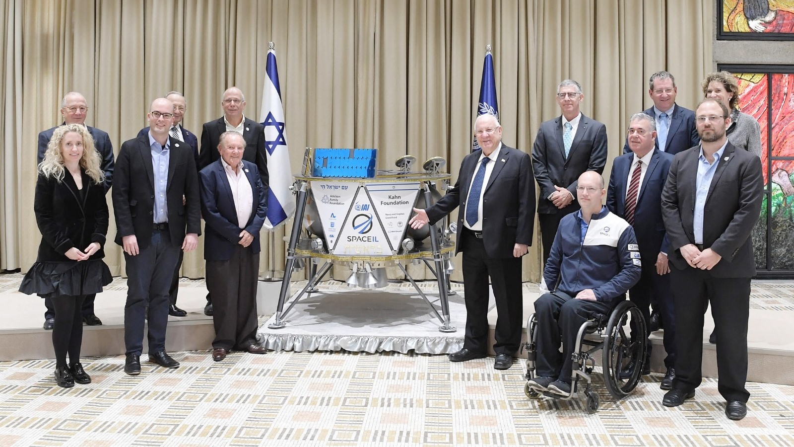 Israeli President Reuven Rivlin received SpaceIL’s Beresheet spacecraft as a national project in a meeting with leaders of SpaceIL and IAI, January 17, 2019. Photo by Amos Ben-Gershom/GPO