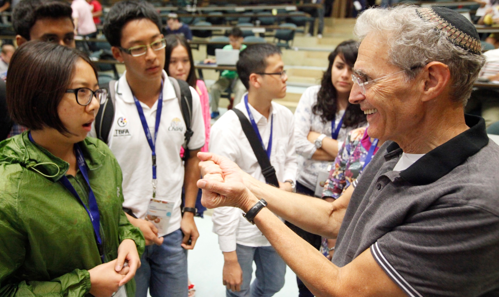 Hebrew University Prof. Howard Cedar with Asian summer students. Photo by Miriam Alster/FLASH90