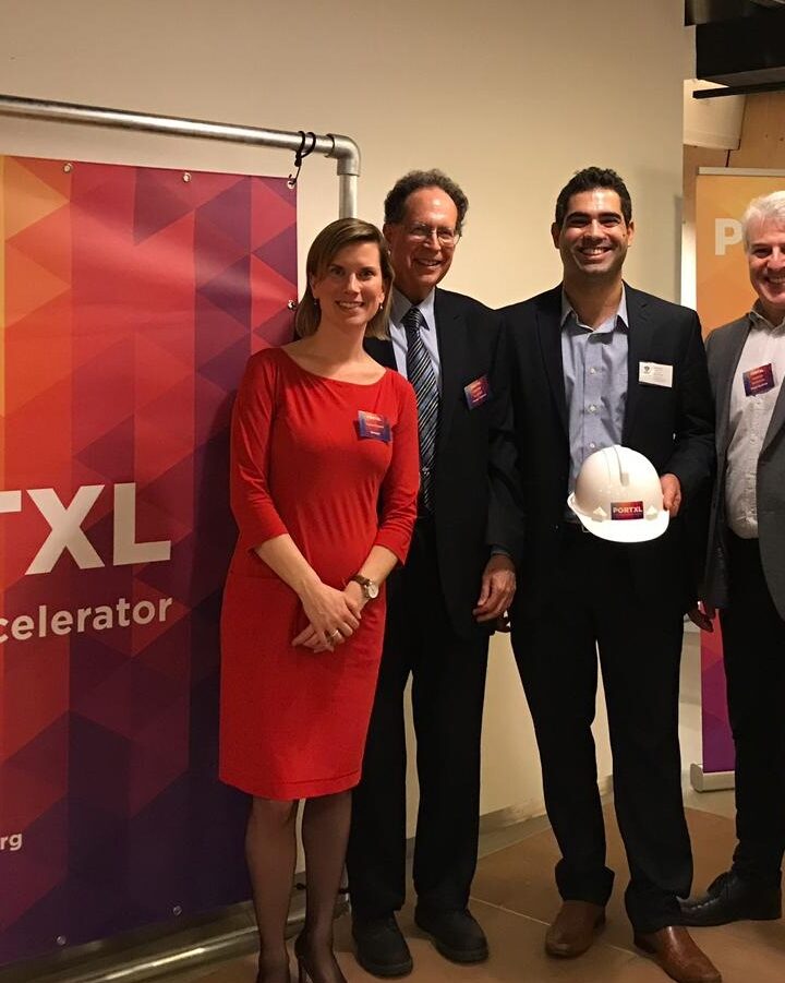From left, Carolien Vat Sandee, CEO of PortXL Rotterdam; Dr. Daniel Farb of Flower Turbines; Osher Perry and Ilan Naslavsky of ShipIn; and Yair Rudick of Eco Wave Power. Photo by Marc Nolte