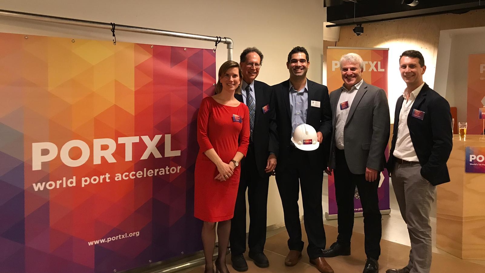 From left, Carolien Vat Sandee, CEO of PortXL Rotterdam; Dr. Daniel Farb of Flower Turbines; Osher Perry and Ilan Naslavsky of ShipIn; and Yair Rudick of Eco Wave Power. Photo by Marc Nolte
