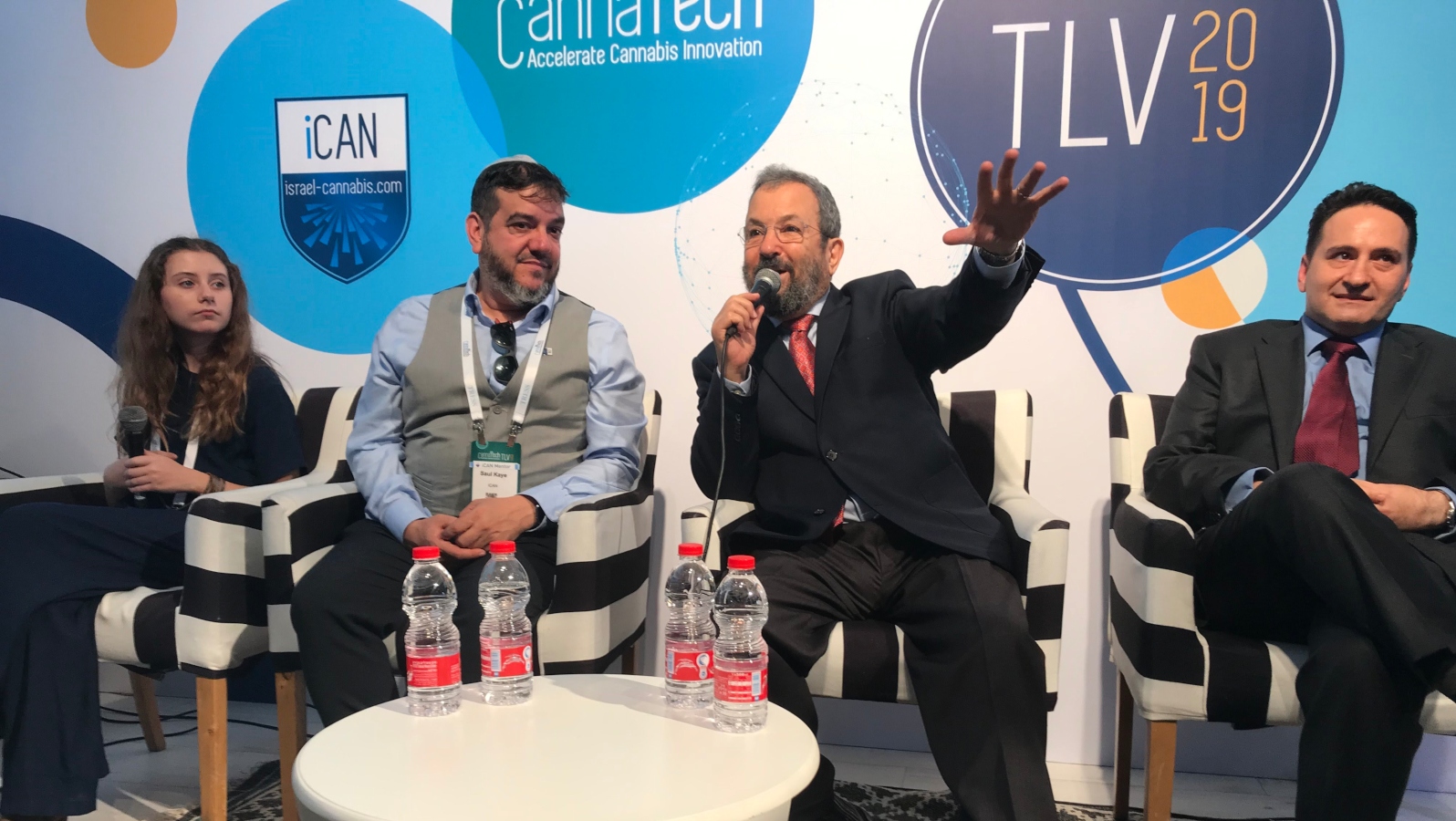From left, medical cannabis user Rylie Maedler, CannaTech CEO Saul Kaye, Canndoc/Intercure Chairman Ehud Barak, and Alvit Pharma CEO Yona Levy at CannaTech 2019. Photo by Kam Global Strategies