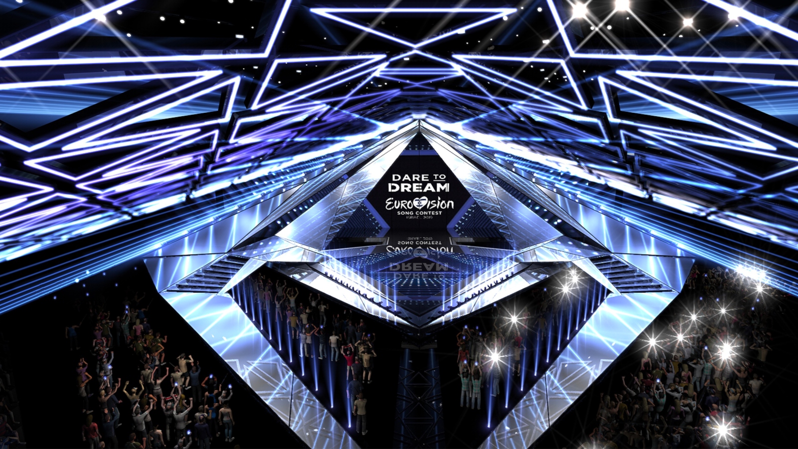 This is a rendering of the 2019 Eurovision Song Contest stage at Expo Tel Aviv, as designed by Florian Wieder. Image courtesy of Eurovision