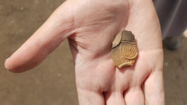 Oil lamp sherd decorated with a nine-branched menorah. Photo by Anat Rasiuk/Israel Antiquities Authority