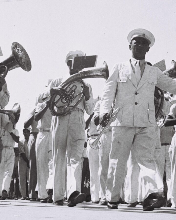 The Haifa Municipal Band playing in the 1933 Bikurim parade. Photo by GPO via Wikipedia