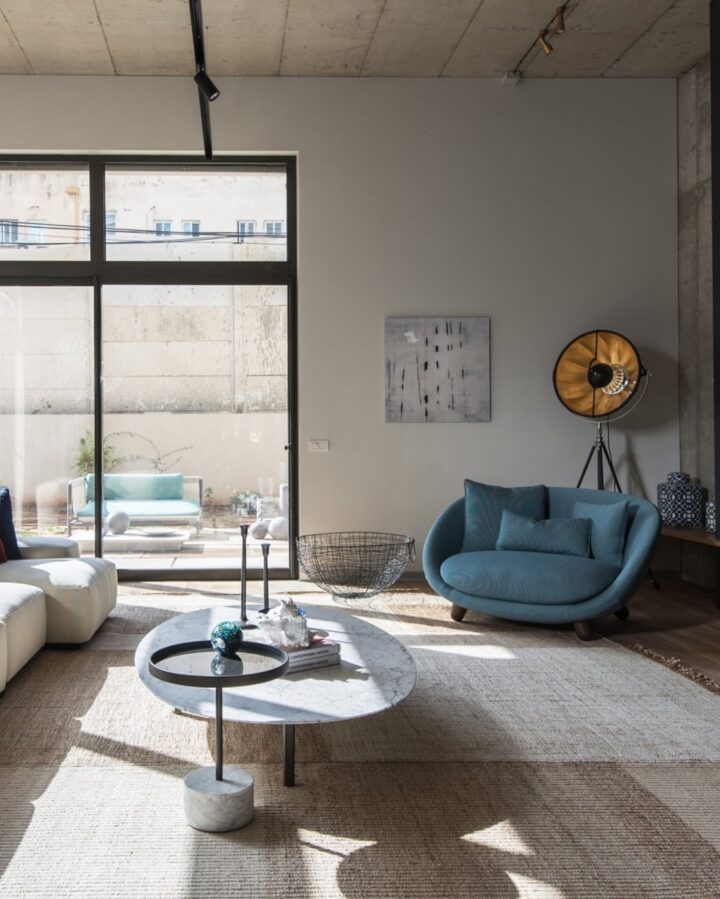 The living area of one of eight luxury vacation apartments in The Levee, Tel Aviv. Photo: courtesy