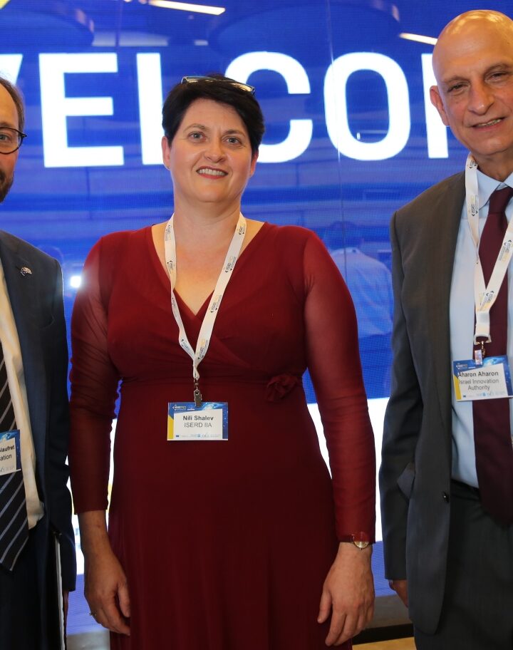U Ambassador to Israel Emanuele Giaufret, left, ISERD director general Nili Shalev and Israel Innovation Authority CEO Aharon Aharon at the Jaffa awards ceremony. Photo by Yossi Zamir/GPO