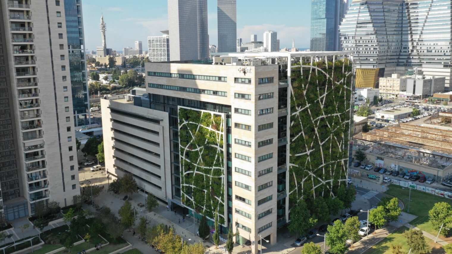 The Check Point building covered in 'green walls' is one of the Israeli projects on display at the Tel Aviv Museum of Art's climate change exhibit. Photo courtesy of Check Point