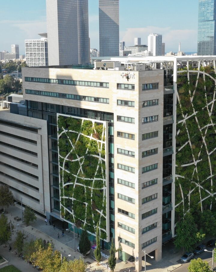 The Check Point building covered in 'green walls' is one of the Israeli projects on display at the Tel Aviv Museum of Art's climate change exhibit. Photo courtesy of Check Point