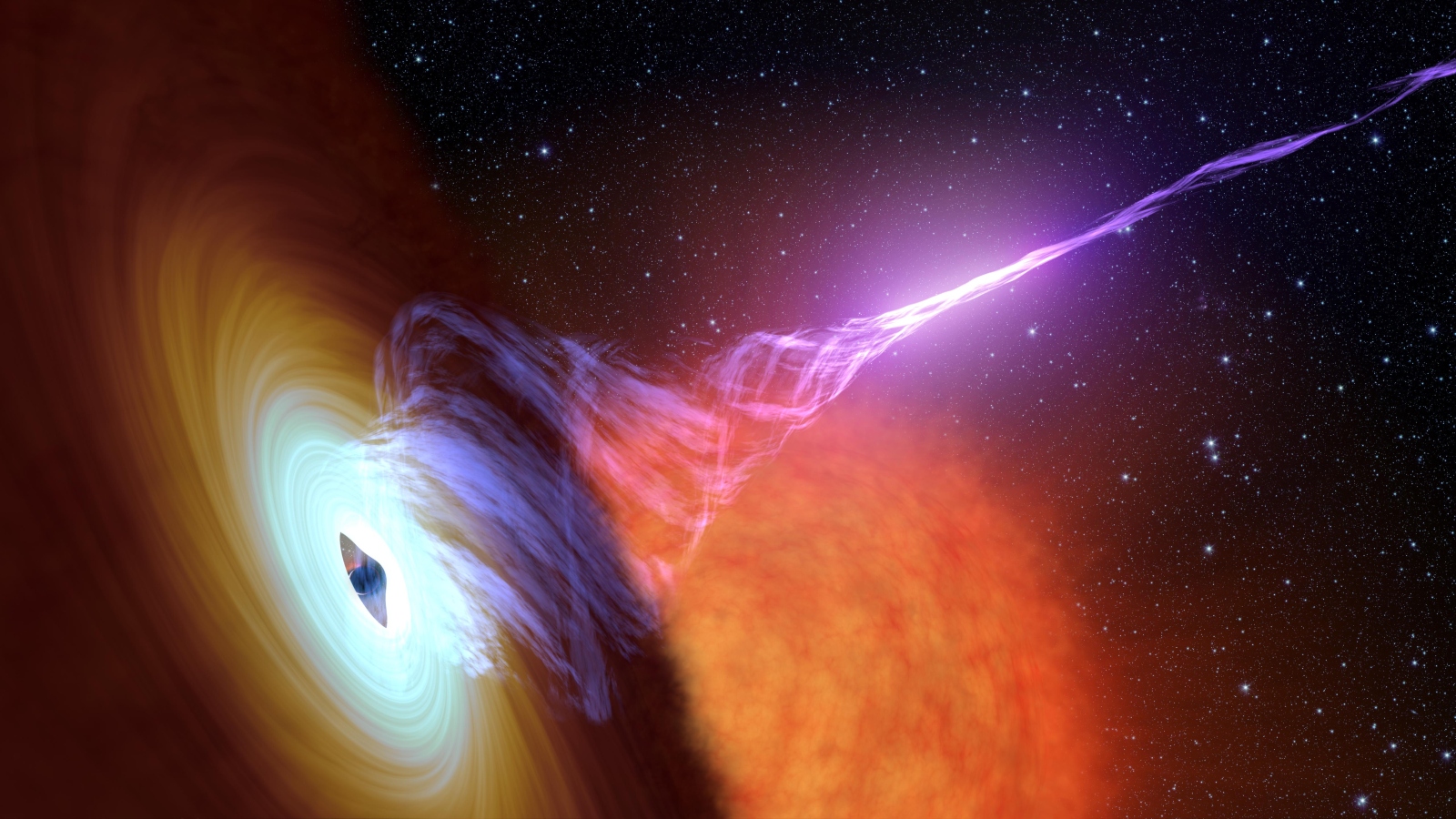 This artist's concept shows a black hole with an accretion disk -- a flat structure of material orbiting the black hole -- and a jet of hot plasma. Image courtesy of NASA/JPL-Caltech
