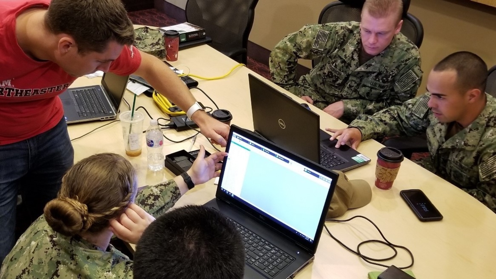 Sailors from the US Navy’s Space and Naval Warfare Systems Command Reserve Program Configuration Validation Team working with the Naval Information Warfare Center Pacific's RESTORE Lab in Bremerton, Washington, April 2019. Photo by Cmdr. John P Fagan/US Navy
