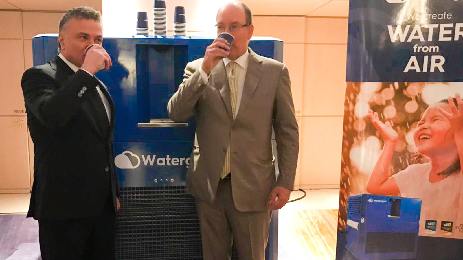 Monaco’s Prince Albert II and Watergen President Michael Mirilashvili drinking water from a Watergen machine in Monaco. Photo: courtesy