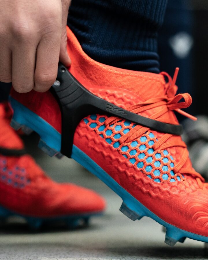 PlayerMaker’s sensor device attaches to a soccer player’s shoes. Photo: courtesy