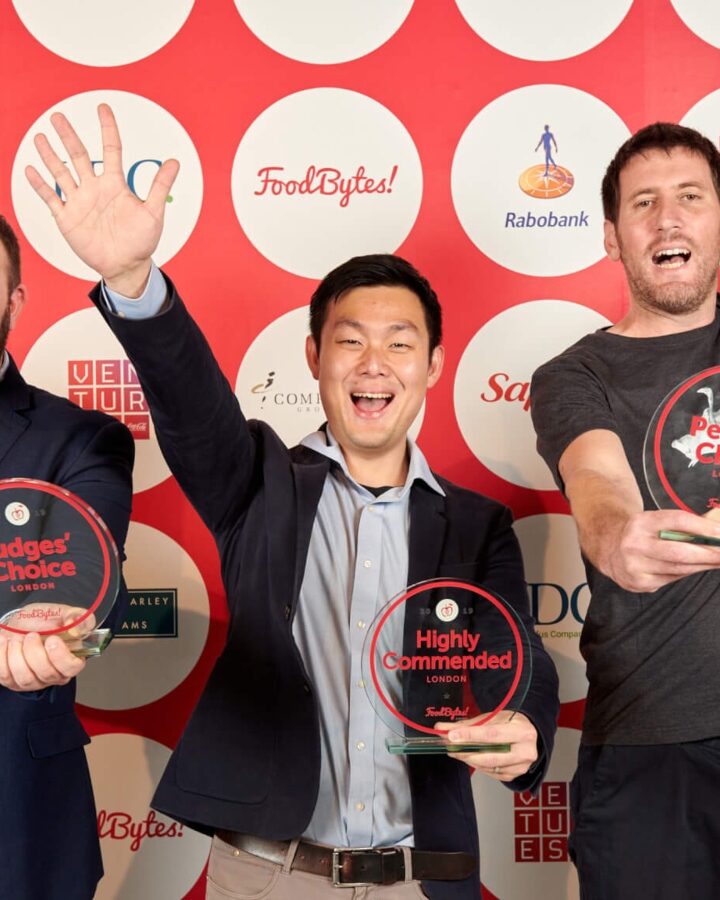 Redefine Meat’s Adam Lahav, right, accepting the People’s Choice Award at Foodbytes in London. Photo: courtesy