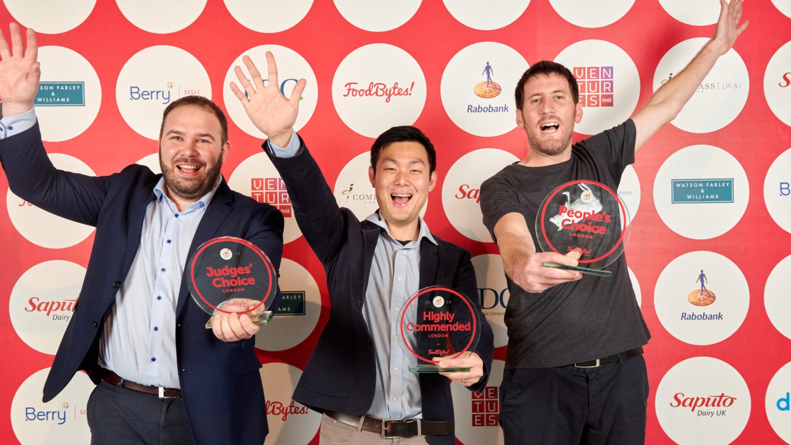 Redefine Meat’s Adam Lahav, right, accepting the People’s Choice Award at Foodbytes in London. Photo: courtesy
