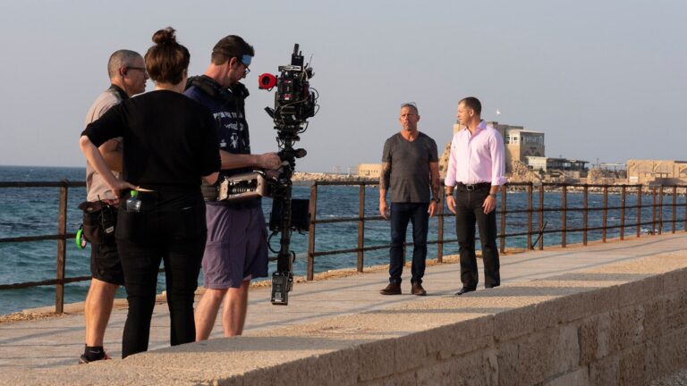 TrueFuture host Joe Mullings, left, interviewing Harel Gadot of XACT Robotics in Caesarea. Photo by Paige Marogil/The Mullings Group