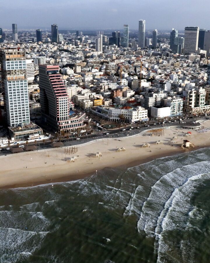 An aerial view of the beaches and city skyline in Tel Aviv. Photo by Yossi Zamir/Flash90