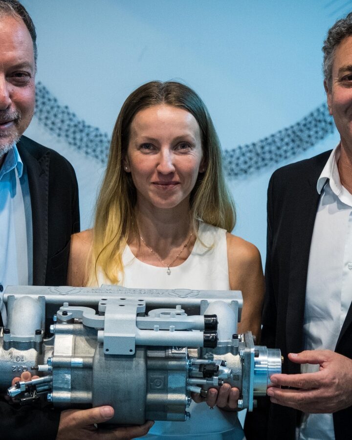 From left, Aquarius Engines Chairman Gal Fridman; Maya Gonik, head of business development; and CEO Ariel Gorfung at the company’s headquarters in Rosh Ha'ayin. Photo by David Katz