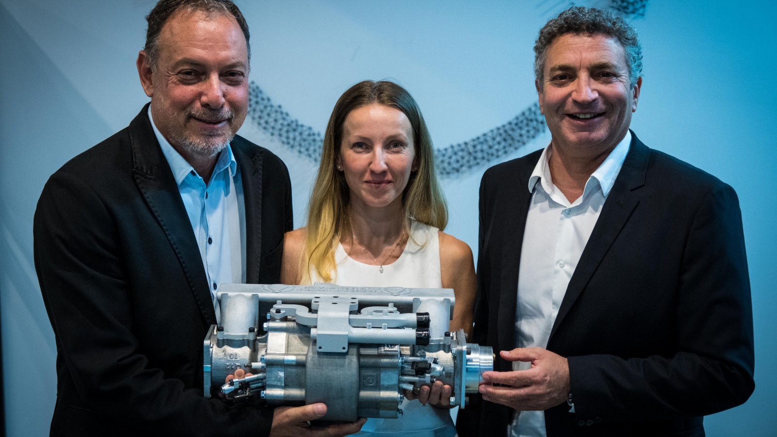 From left, Aquarius Engines Chairman Gal Fridman; Maya Gonik, head of business development; and CEO Ariel Gorfung at the company’s headquarters in Rosh Ha'ayin. Photo by David Katz