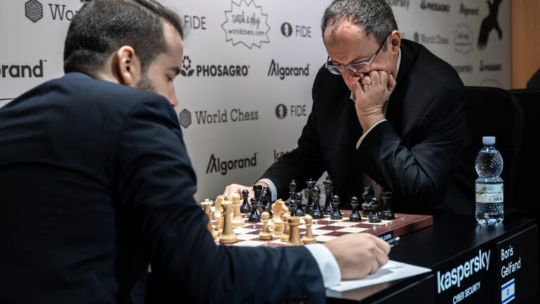 Boris Gelfand, right, playing against Ian Nepomniachtchi of Russia in the 2019 International Chess Federation Grand Prix in Jerusalem. Photo by Niki Riga/World Chess