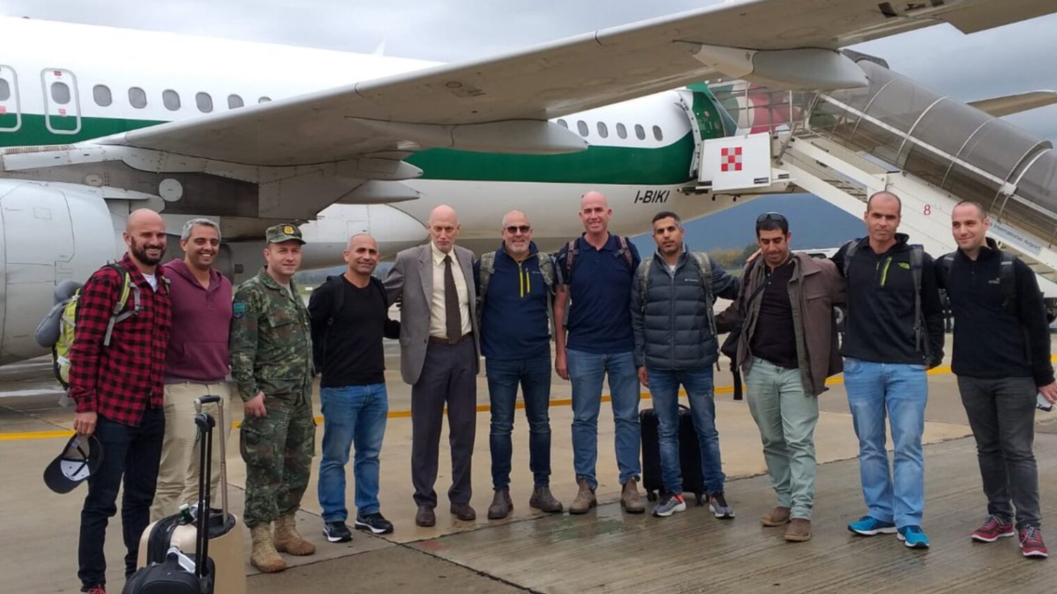Members of the IDF aid mission to Albania leaving from Israel on December 3, 2019, with Ministry of Foreign Affairs Director General Yuval Rotem (in suit and tie). Photo via Twitter