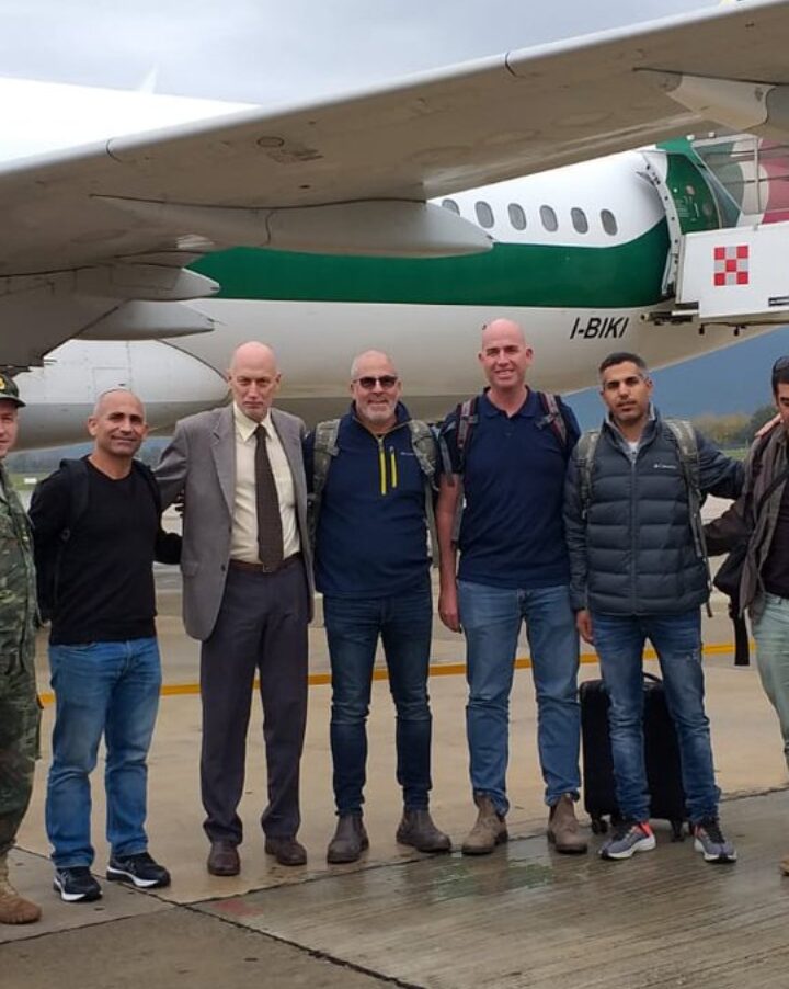 Members of the IDF aid mission to Albania leaving from Israel on December 3, 2019, with Ministry of Foreign Affairs Director General Yuval Rotem (in suit and tie). Photo via Twitter
