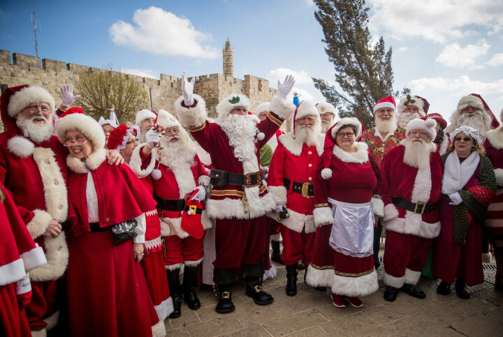 Santas from all over the world tour Jerusalem as part of a three-day tour of the Holy Land. Photo by Yonatan Sindel/Flash90