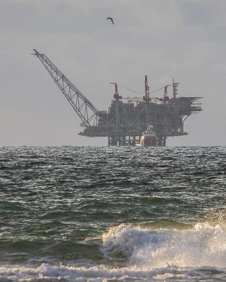 View of the Israeli Leviathan gas field gas processing rig as seen from Dor Habonim Beach Nature Reserve, January 1, 2020. Photo by FLASH90