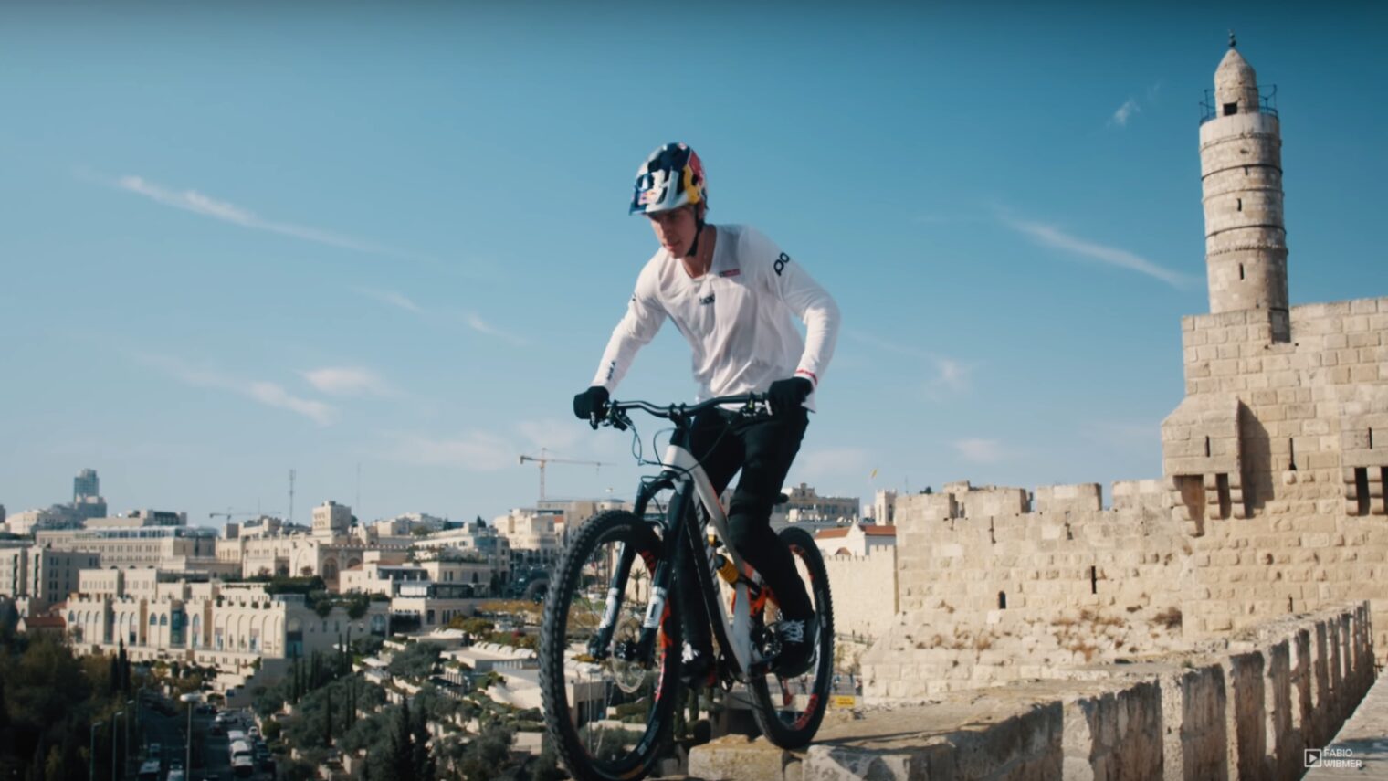 Pro biker Fabio Wibmer traverses Jerusalem’s Old City walls on his bike. Photo: screenshot
