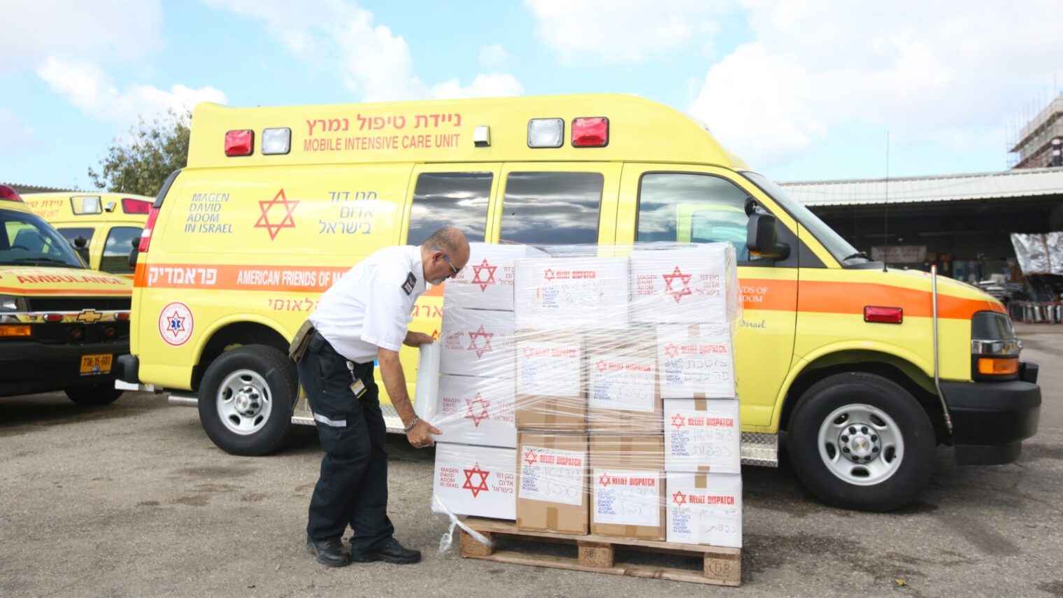 A Magen David Adom worker packing protective supplies to send to China, February 2, 2020. Photo courtesy of MDA