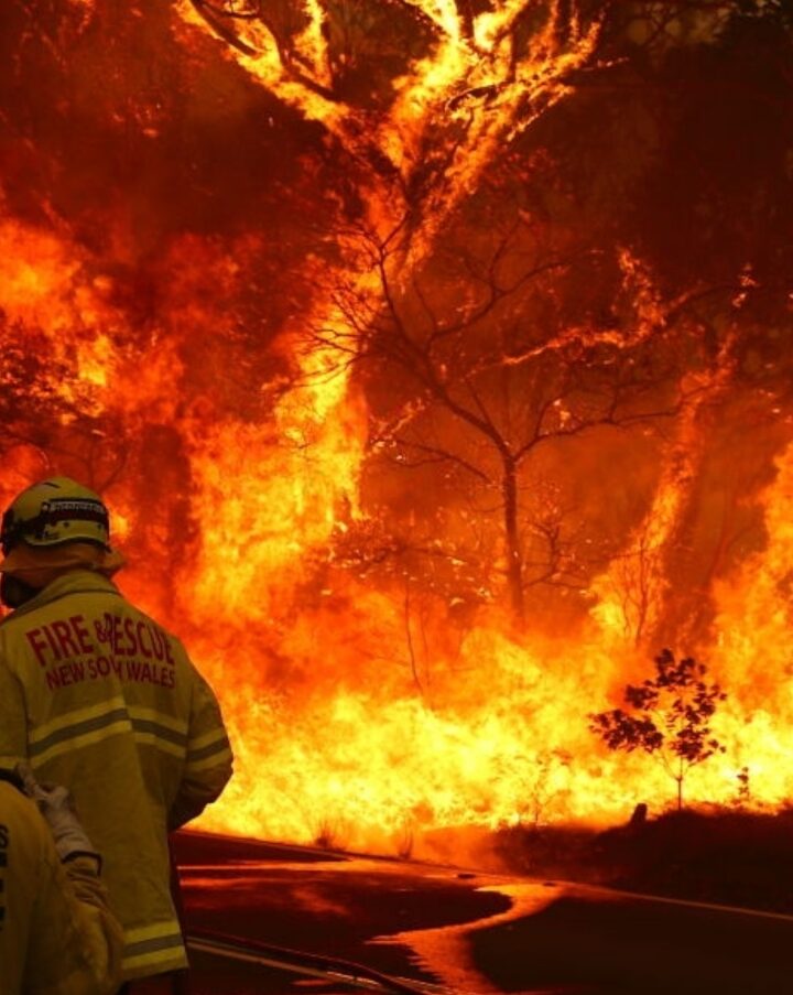 Fire and rescue personnel run to move their truck as a bushfire burns next to a major road and homes on the outskirts of the town of Bilpin, Australia, January 28, 2020. Photo via Shutterstock.com