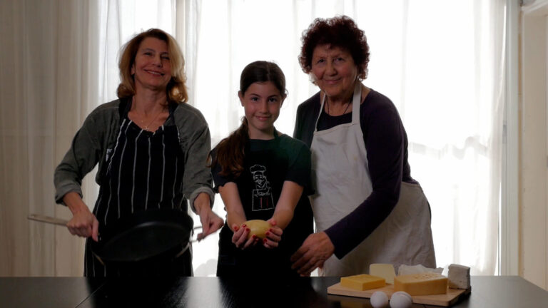 Orna, Tamar and Rosie show us how to make the ultimate recipe for matzah brei. Photo still from film