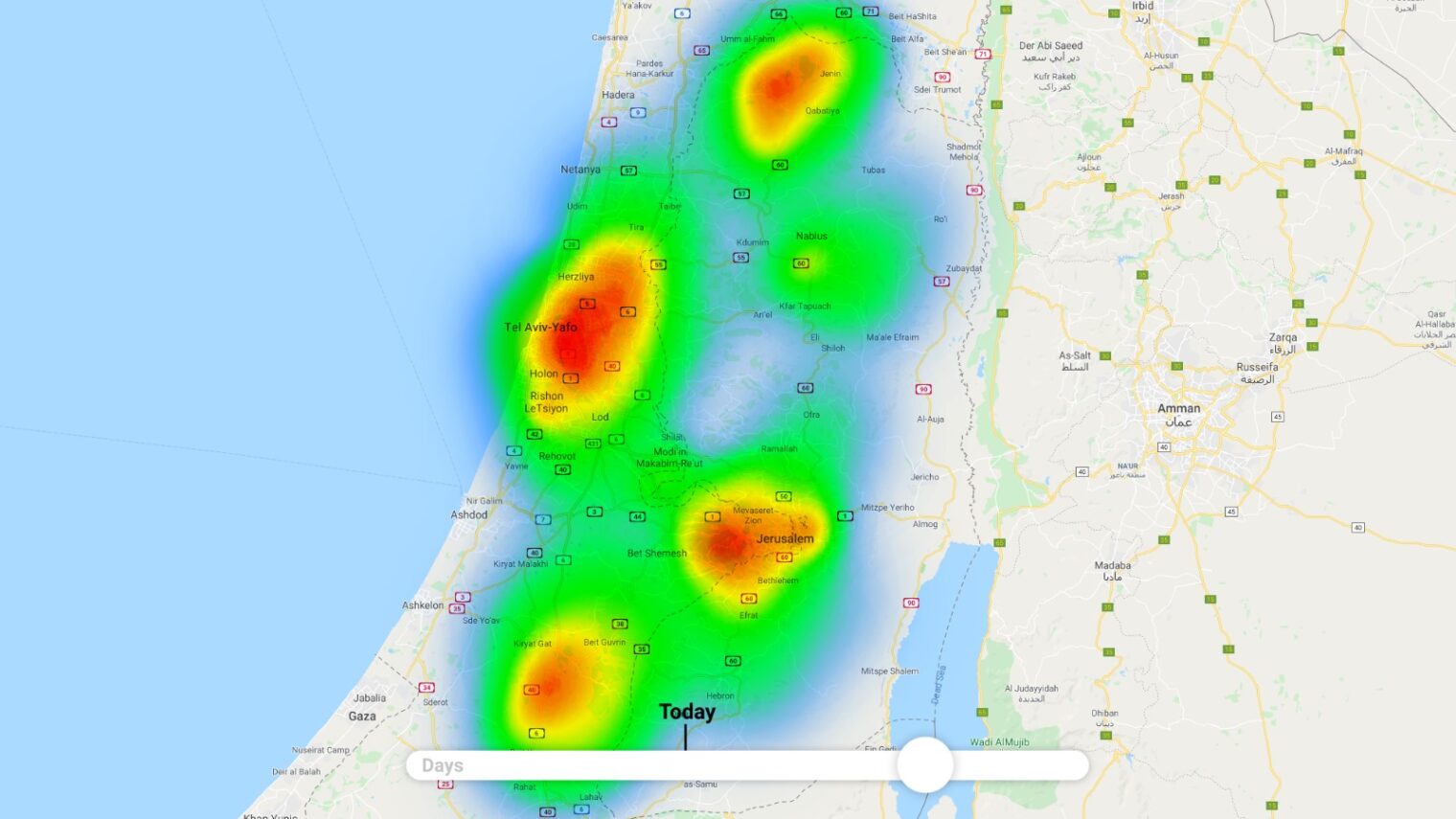 A heat map showing areas of Israel most affected by Covid-19 on April 13, 2019. Image courtesy of Diagnostic Robotics