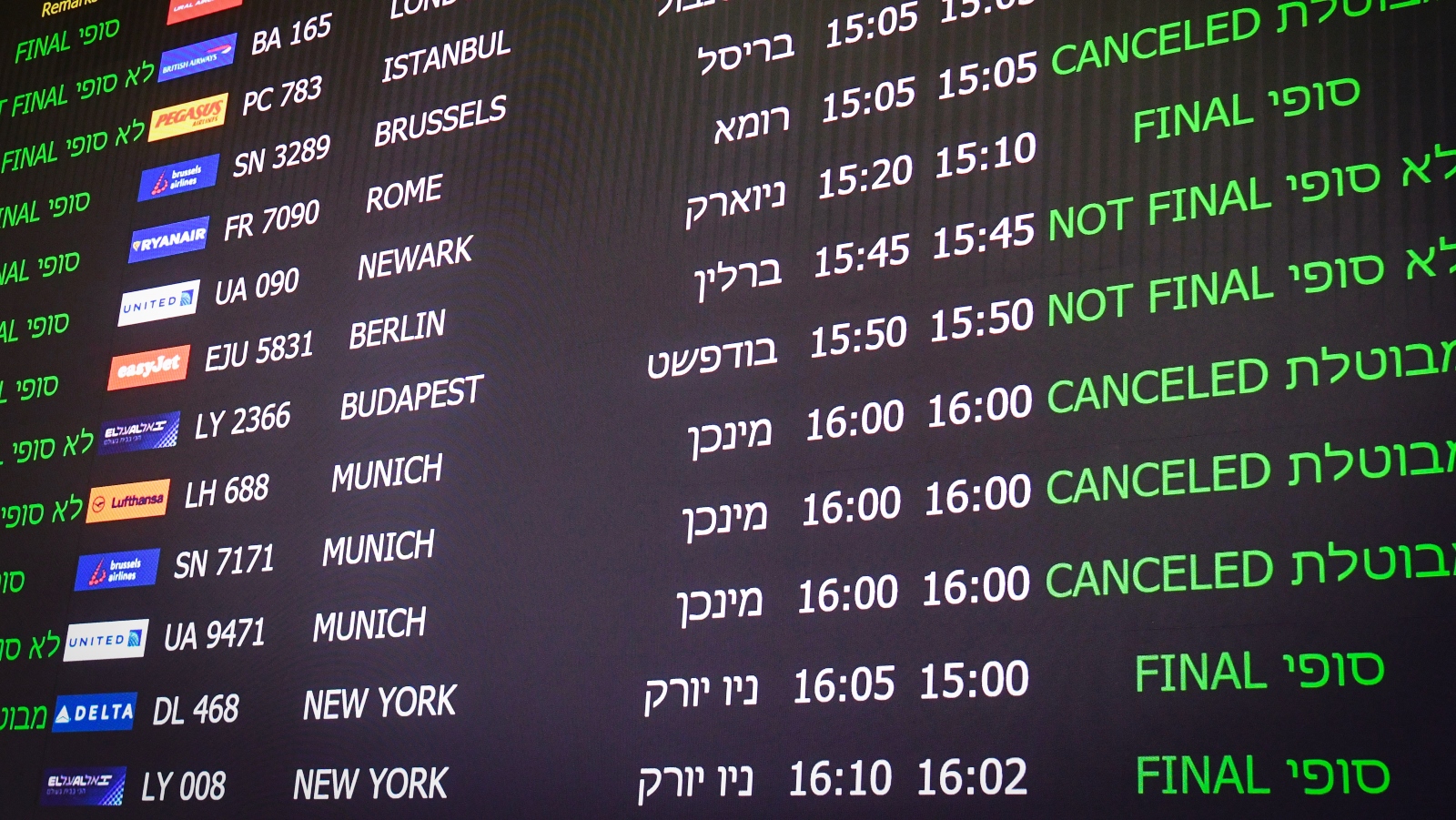 This arrivals board at the Ben-Gurion International Airport on March 11, 2020, shows three flights originating from the New York area. Photo by Flash90