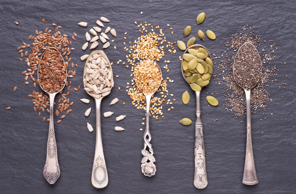 Sesame, flax, sunflower, pumpkin and chia seeds.Photo via Shutterstock.com