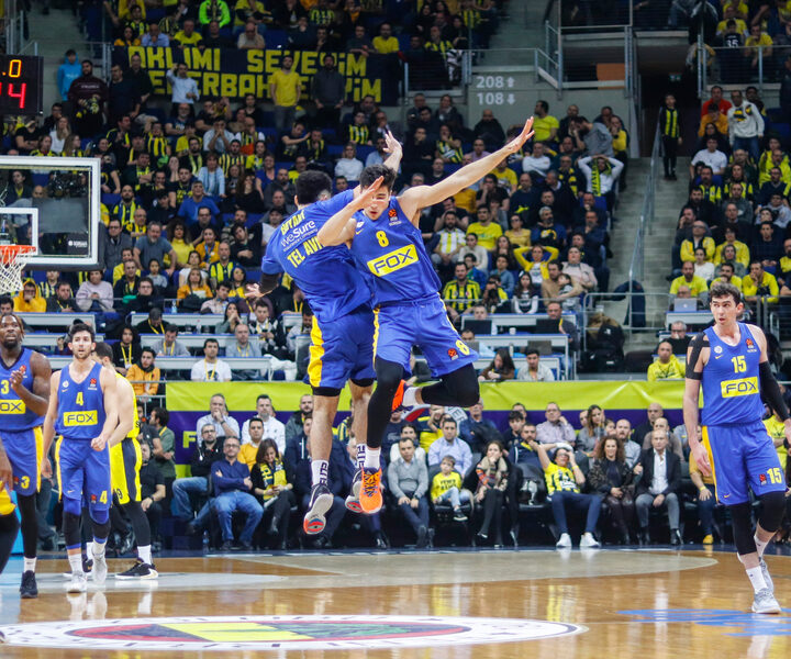 FEBRUARY 7, 2020: Deni Avdija and Elijah Bryant celebrating score during EuroLeague 2019-20 Round 24 basketball game between Fenerbahce and Maccabi Tel Aviv at Ulker Sports Arena. Photo by Shutterstock