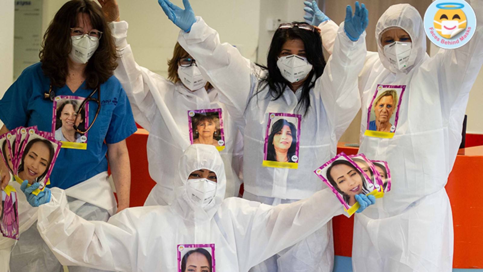 Personnel at Kaplan Medical Center in Rehovot, Israel, with their Faces Behind Masks PPE stickers. Photo: courtesy