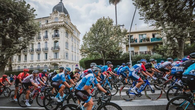 Israeli cyclists whizz through the streets of Nice in the south of France on the first day of the Tour de France. Photo by Noa Arnon via Facebook