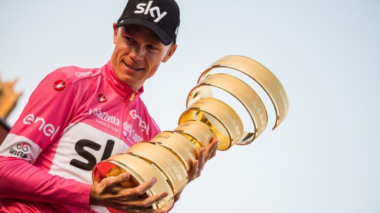 Chris Froome celebrates winning the 101st Giro D'Italia in 2018 in Rome. Photo by Nicola Devecchi via Shutterstock.com