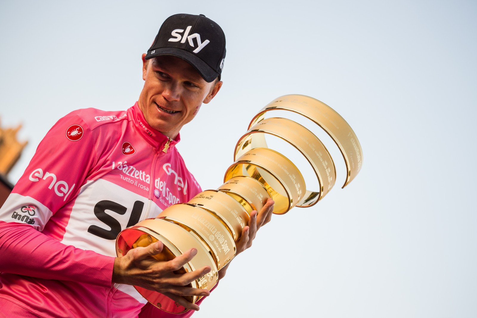 Chris Froome celebrates winning the 101st Giro D'Italia in 2018 in Rome. Photo by Nicola Devecchi via Shutterstock.com