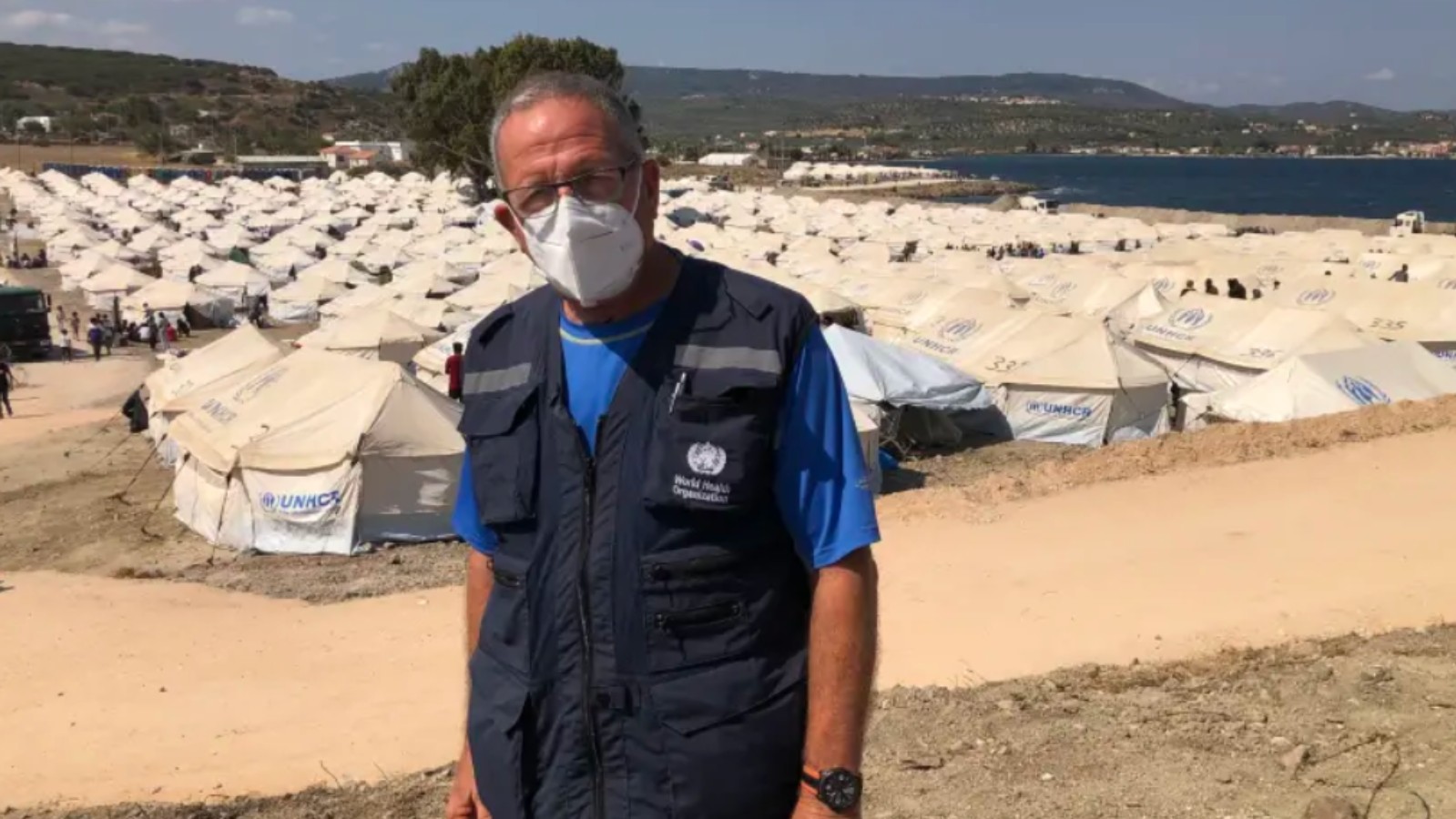 Dr. Elhanan Bar-On, director of the Israel Center for Disaster Medicine and Humanitarian Response, at the Lesbos camp. Photo courtesy of Sheba Medical Center