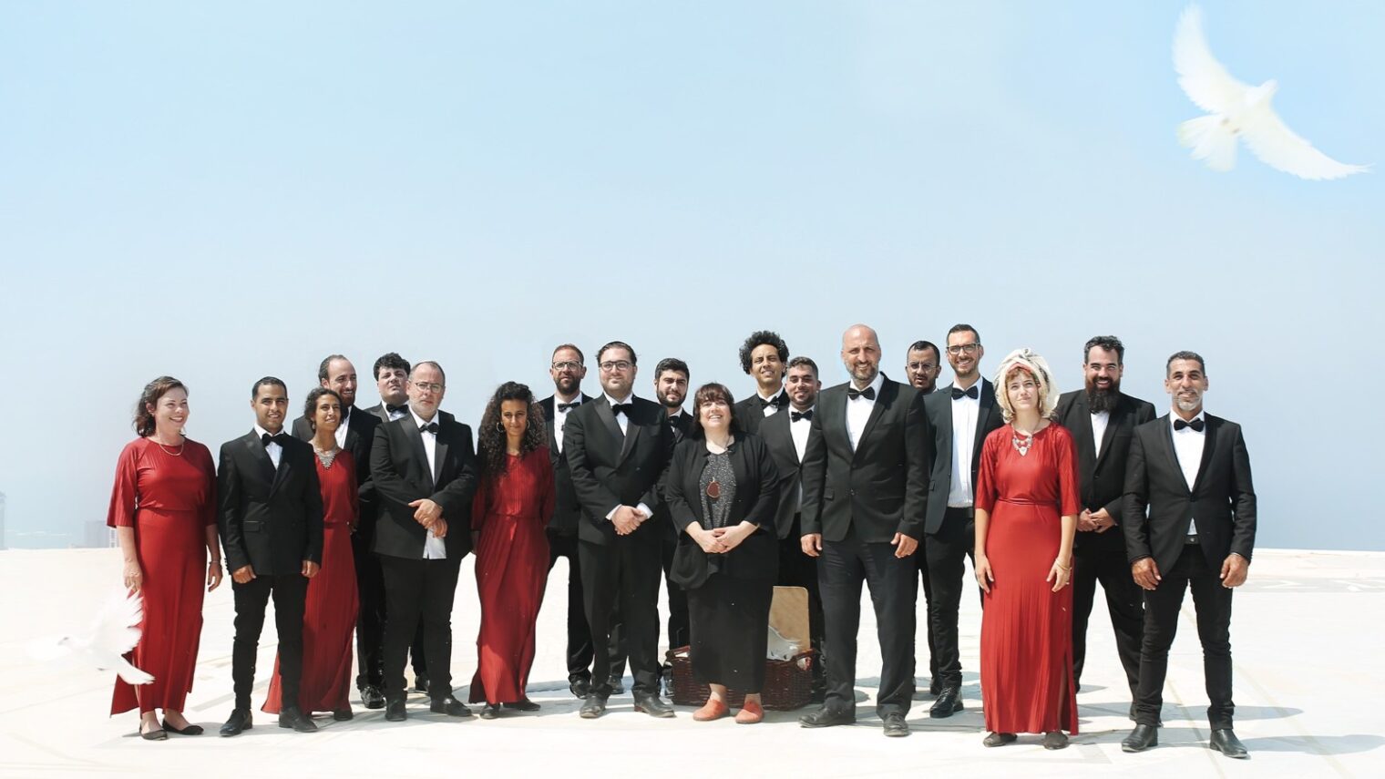 Firqat Alnoor Orchestra recorded an instrumental version of the Emirati song “Ahebak” on top of the Azrieli Circular Tower in Tel Aviv. Photo by Ela Uzan
