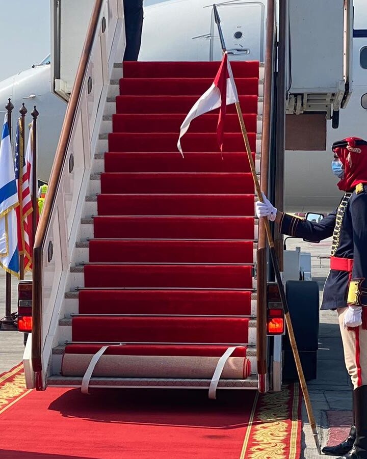 Bahrain rolls out the red carpet for the first El Al plane to land in Manama, October 18, 2020. Photo courtesy of Israel Ministry of Foreign Affairs