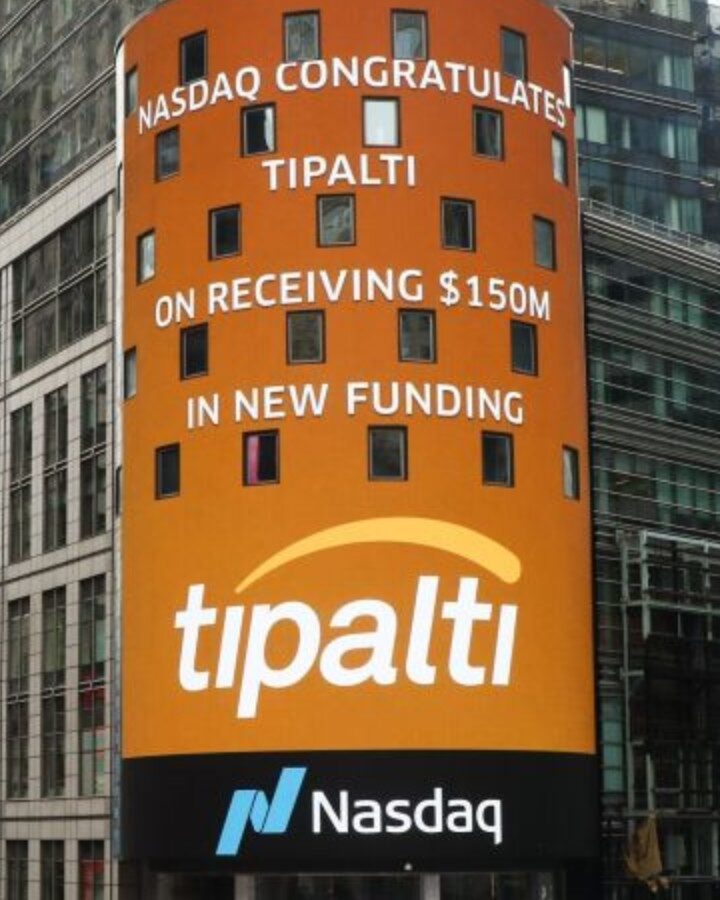 Nasdaq Stock Exchange congratulated Tipalti with a large greeting in Times Square in New York upon raising $ 150 million and joining the prestigious club of Israeli high-tech companies worth over $ 2 billion. Photo courtesy of Nasdaq