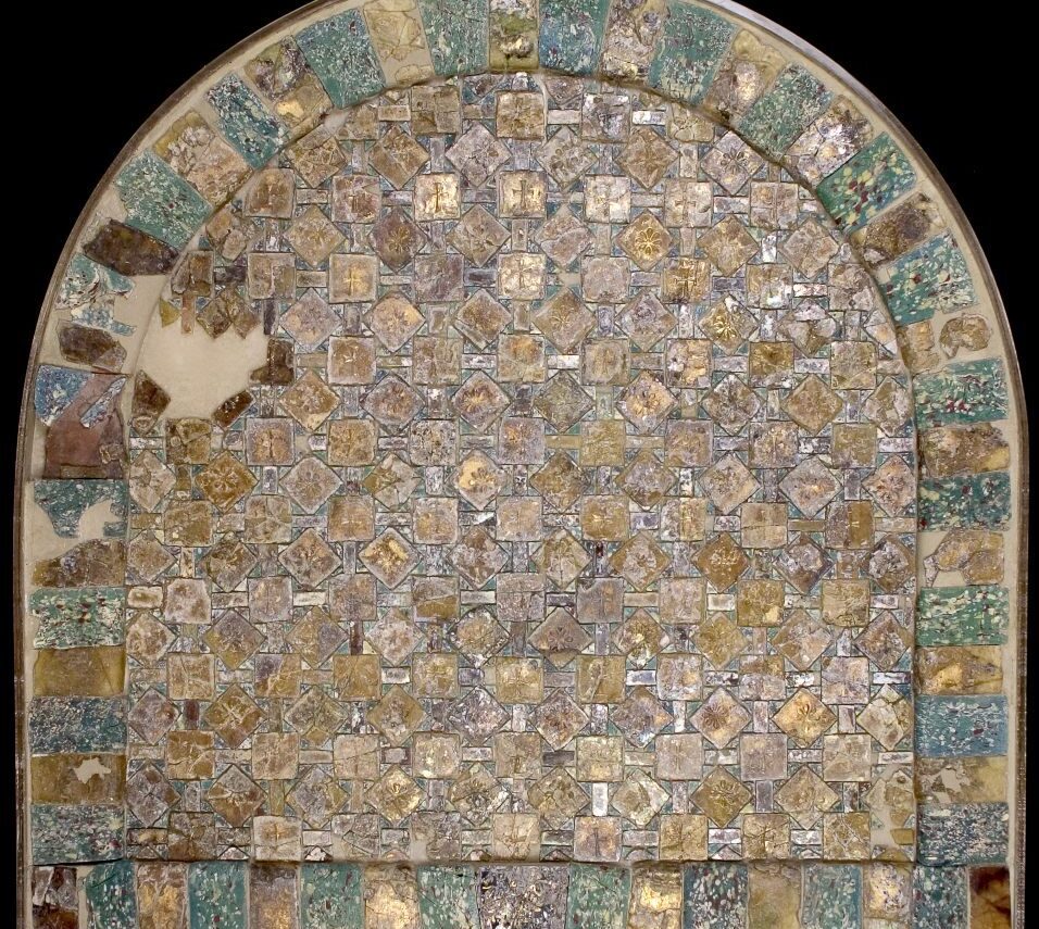 The golden mosaic tabletop found at the site of a Byzantine palace in seaside Caesarea. Photo by Jacques Neguer