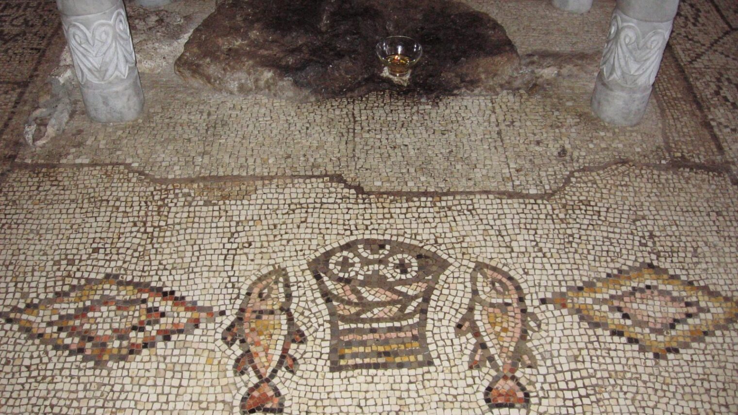 The Church of the Multiplication on the shores of the Sea of Galilee features a fifth century mosaic showing a pair of fish and a basket containing loaves of bread that represent the story of Jesus miraculously feeding the masses. Photo by Croberto68/Wikimedia Commons
How old is it?