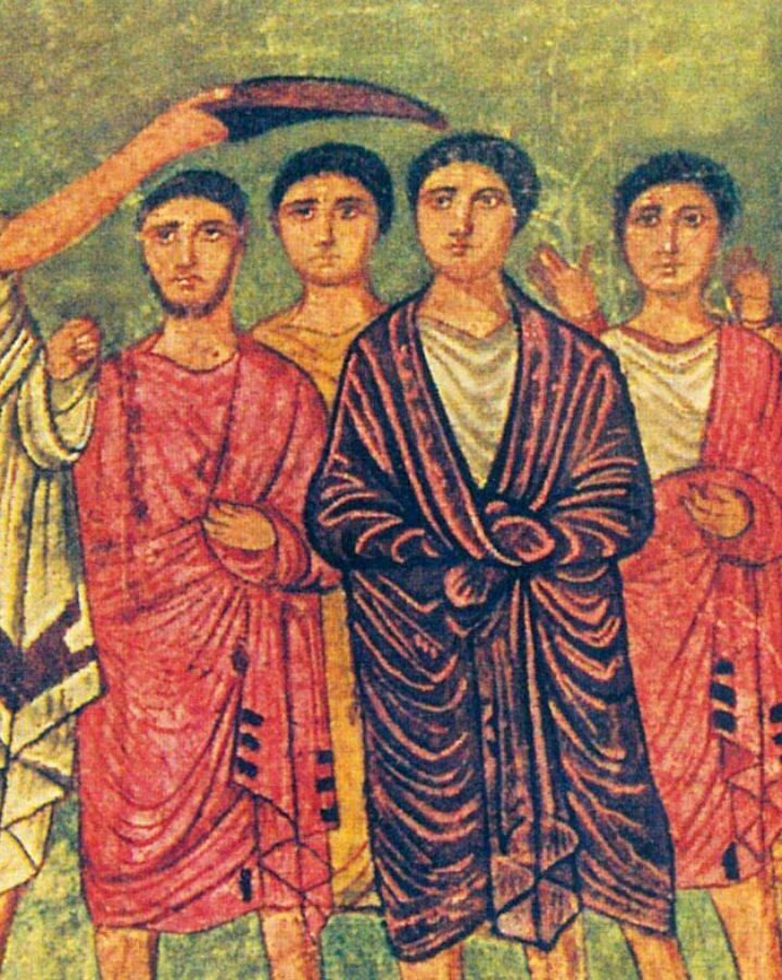 The biblical King David anointed king by Samuel while wearing purple, as pictured in a wall painting from the ancient Dura Europos Synagogue in Syria. Image reworked by Marsyas/Wikimedia Commons
