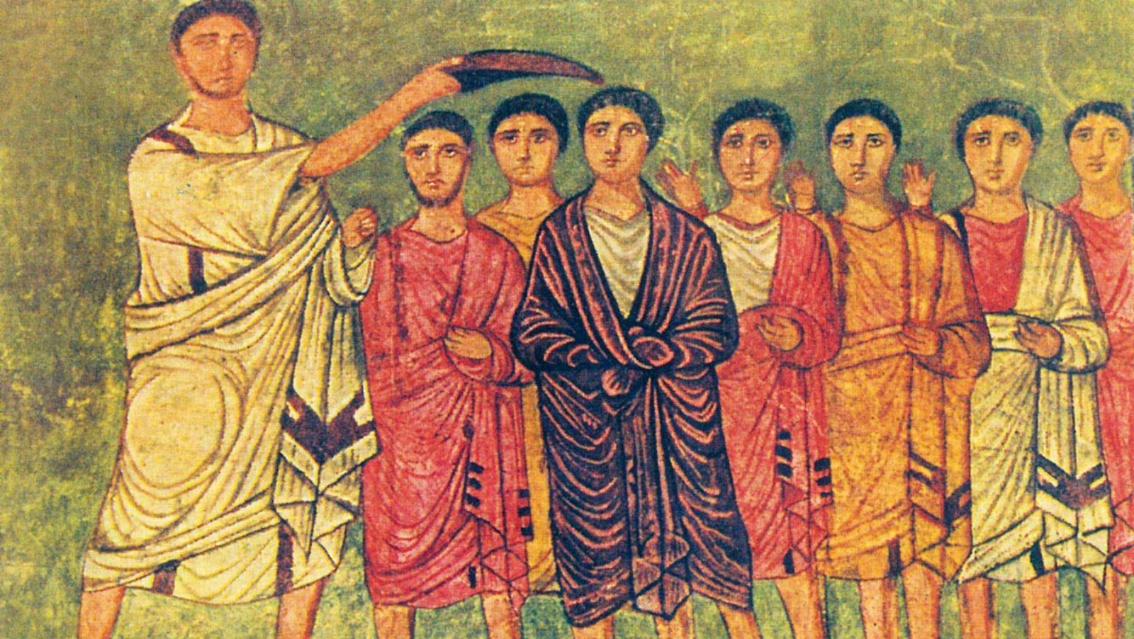 The biblical King David anointed king by Samuel while wearing purple, as pictured in a wall painting from the ancient Dura Europos Synagogue in Syria. Image reworked by Marsyas/Wikimedia Commons
