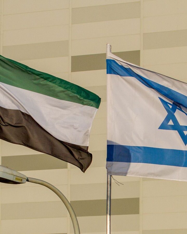 The flags of the United Arab Emirates and Israel wave on the side of the road in the coastal city of Netanya in celebration of the Abraham Accords.  Photo by Flash90